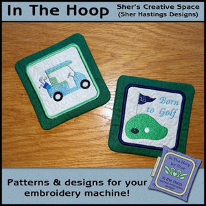 ITH Golf Coasters, In The Hoop Coasters, Golfer Coaster, Golf Cart Coasters, Golf Borduurwerk, Golfer Embroiery, 5x7 & 4x4 Hoop, DIGITAAL BESTAND