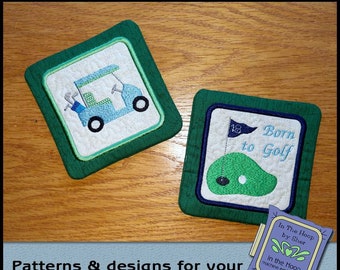 ITH Golf Coasters, In The Hoop Coasters, Golfer Coaster, Golf Cart Coasters, Golf Embroidery, Golfer Embroiery, 5x7 & 4x4 Hoop, DIGITAL FILE