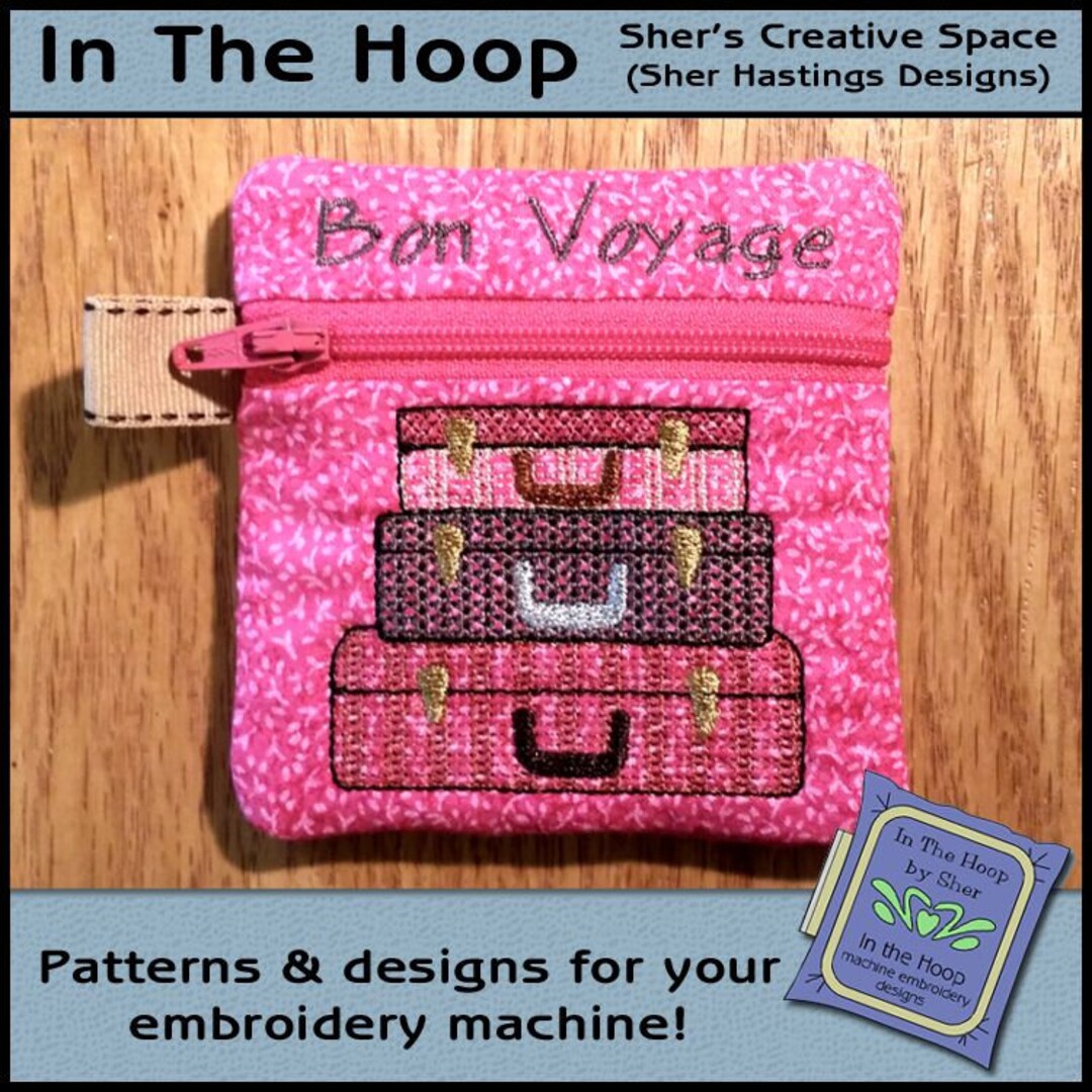 ITH Bon Voyage Mini Zipper Bag, in the Hoop Zipper Bag, Suitcase Zipper Bag, Travel Zipper Bag
