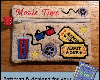 ITH Movie Time Zipper Bag, In The Hoop  Zipper Bag, Theater Zipper Bag, Movie Embroidery, Theater Embroidery 5 x 7 Hoop - DIGITAL FILE