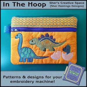 ITH Dinosaurier-Reißverschluss-Tasche, Kinder-Reißverschluss-Tasche, In-The-Hoop-Reißverschluss-Tasche, Dinosaurier-Stickerei, Kinder-Stickerei-Design - 5 x 7 Hoop - DIGITALDATEI
