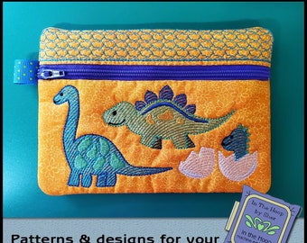 ITH Dinosaur Zipper Bag, Kids Zipper Bag, In The Hoop Zipper Bag, Dinosaur Embroidery, Kids Embroideyr Design - 5 x 7 Hoop - DIGITAL FILE