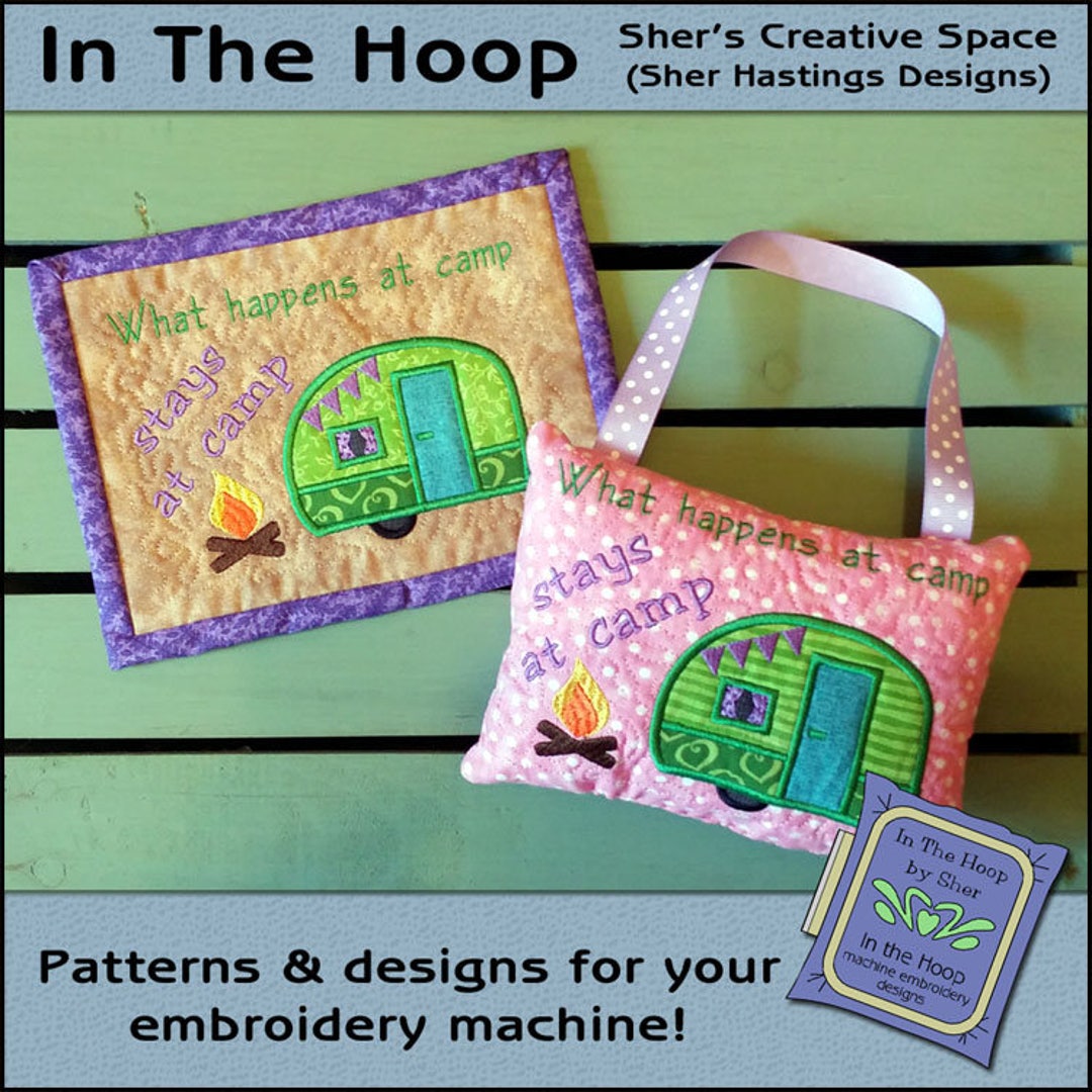ITH at Camp Mug Rug, Camper Mug Rug, in the Hoop Camper, Camper Embroidery Design, Camper