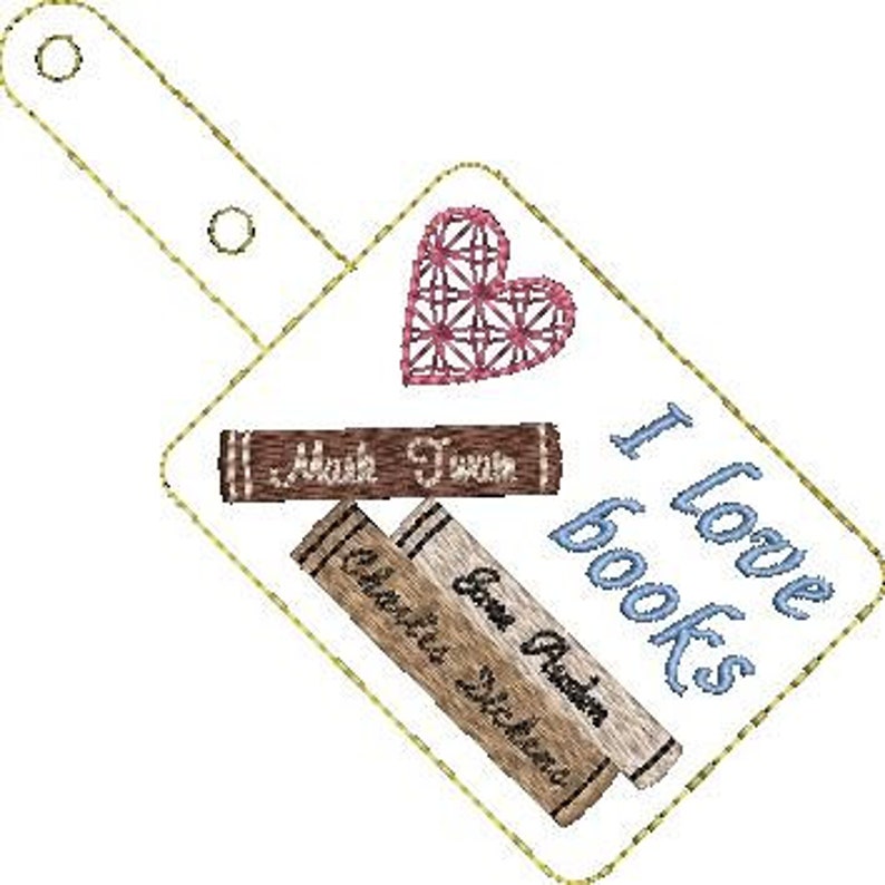 May include: A white wooden keychain with a heart, books, and the text "I love books".