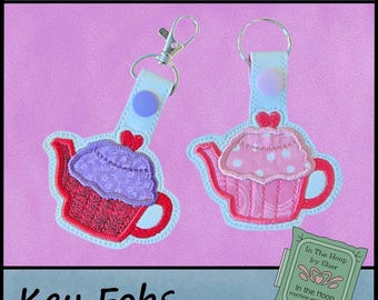 ITH Cupcake Teapot Key Fob, Valentine's Key Fob, Valentine's Day Bag Tag, Teapot Snap Tab, Valentine  Embroidery Design - DIGITAL FILE