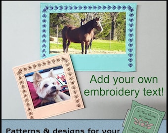 May include: Two embroidery designs for a machine, one with a horse in a blue frame and the other with a dog in a peach frame. The text "In The Hoop by Sher" is on a green tag.