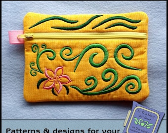 ITH Flower and Swishes Zipper Bag, Flower Zipper Bag, The Hoop Zipper Bag, Flower Embroidery, 5 x 7 Hoop - DIGITAL FILE