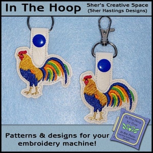 ITH Rooster Key Fob, Rooster Bag Tag, Rooster, Rooster Snap Tab, Rooster Machine Embroidery Design, Rooster Embroidery - DIGITAL FILE
