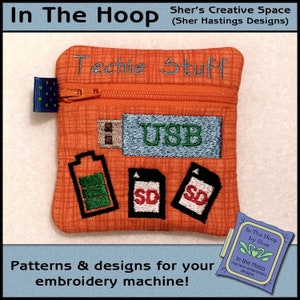ITH Techie Stuff Mini Zipper Bag, In The Hoop Zipper Bag, Gadget Zipper Bag, Techie Embroidery Design - 4x4 Hoop - DIGITAL FILE