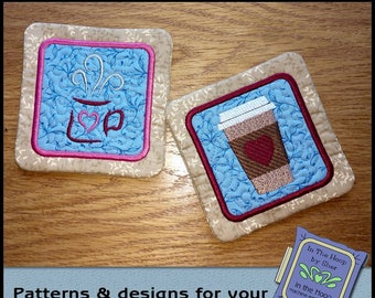 ITH Hot Beverage Coasters, In The Hoop Coasters, Coffee Coasters, Tea Coasters, Coffee Embroidery, 5 x 7 and 4 x 4 Hoops - DIGITAL FILE