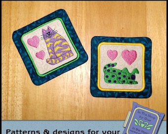 Posavasos ITH Funky Cat & Dog, en los posavasos de aro, posavasos de gato, posavasos de perro, diseño de bordado, aros de 5 x 7 y 4 x 4 - ARCHIVO DIGITAL