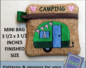 ITH Tiny Camper Mini Zipper Bag, In The Hoop Zipper Bag, Camper Zipper Bag, Camping Embroidery, Camper Embroidery - 4x4 Hoop - DIGITAL FILE