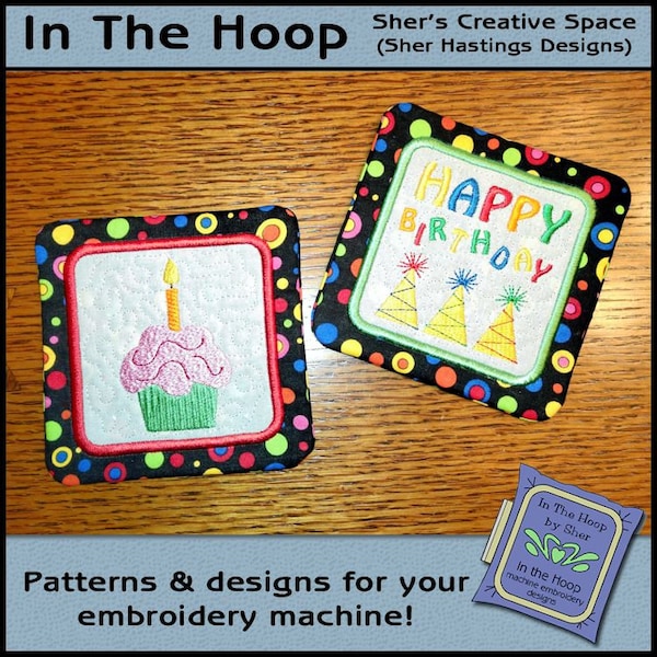 ITH Birthday Coasters, In The Hoop Coasters, Cupcake Coasters, Birthday Embroidery, Cupcake Embroidery 5 x 7 and 4 x 4 Hoops - DIGITAL FILE
