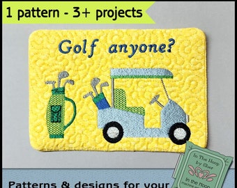 ITH Golf Cart Mug Rug, Golf Embroidery, In The Hoop Golf Mug Rug, Golfing Doorknob Hanger, Golfing Embroidery, DIGITAL FILE