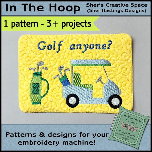 ITH Golf Cart Mug Rug, Golf Embroidery, In The Hoop Golf Mug Rug, Golfing Doorknob Hanger, Golfing Embroidery, DIGITAL FILE