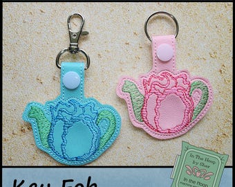 ITH Flower Teapot Key Fob, Teapot Key Fob, Flower Bag Tag, Teapot Embroidery, Flower Embroidery, Garden Embroidery DIGITAL FILE