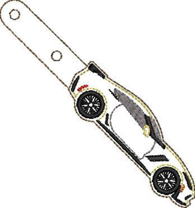 May include: White car key chain with a black outline and black wheels. The car is facing to the right.