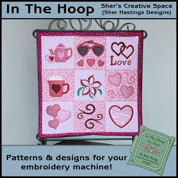 ITH Valentine Mini Quilt, Valentine's Day Embroidery, Valentine's Day Mini Quilt Pattern, 9 Embroidery Patterns, 4 inch Hoop, DIGITAL FILE