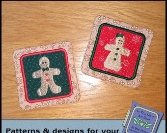 ITH Gingerbread Friends Coasters - In The Hoop Coasters - Christmas Coasters  - Embroidery Design - 5 x 7 and 4 x 4 Hoops - DIGITAL FILE