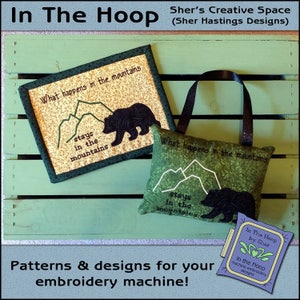ITH In the Mountains Mug Rug, Mountain Decor, In the Hoop Doorknob Hanger, In The Hoop Bear Embroidery Design - Applique - DIGITAL FILE