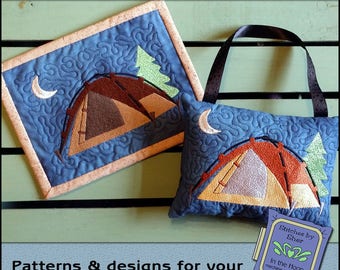 ITH Tent Camping Mug Rug, Tent Mug Rug, In The Hoop Camping - Camping Embroidery Design, Tent Embroidery - DIGITAL FILE