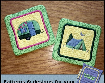 ITH Camping Coasters, In The Hoop Coasters, Camper Coasters, Tent Coasters, Camping Embroidery Design - 5 x 7 and 4 x 4 Hoops - DIGITAL FILE