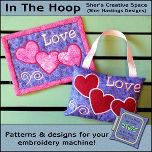 ITH Valentine Hearts Mug Rug, Valentine Mug Rug, In The Hoop Valentine&#39;s Day Mug Rug, Valentine Embroidery Design - DIGITAL FILE