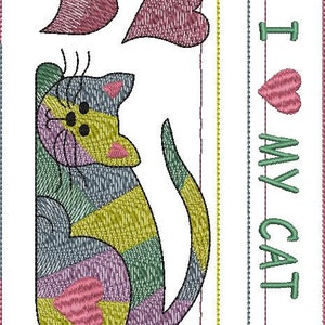 May include: A colourful patchwork cat design with a heart on its back. The text "I love my cat" is on the right side of the image.