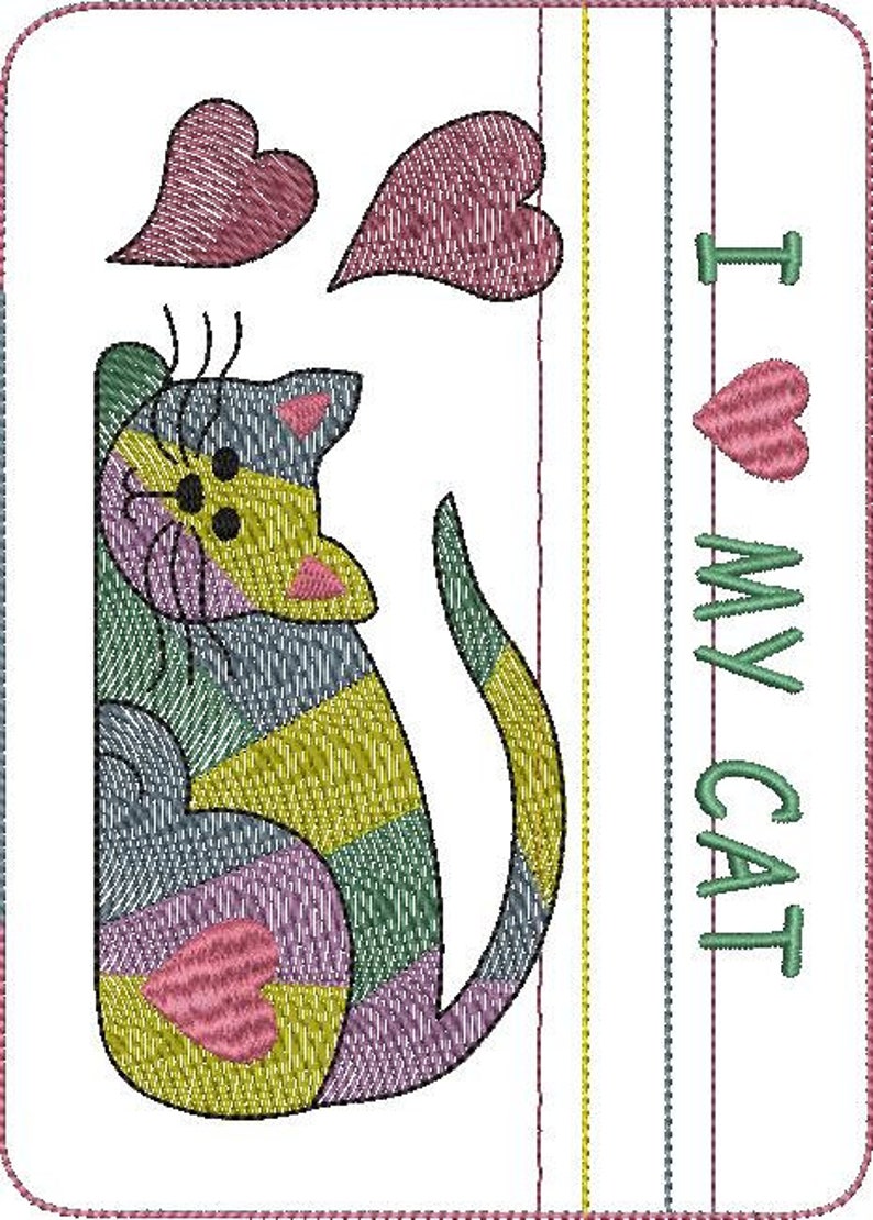 May include: A colourful patchwork cat design with a heart on its back. The text "I love my cat" is on the right side of the image.