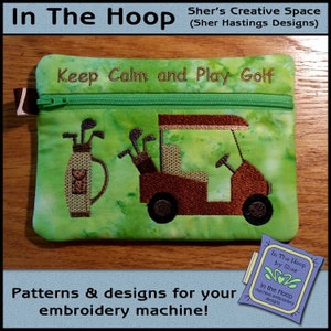 ITH Golf Cart met Clubs Zipper Bag, Golf Zipper Bag, In The Hoop Zipper Bag, Golf Borduurwerk, Golf Cart Zipper Bag, 5x7 Hoop - DIGITAAL BESTAND