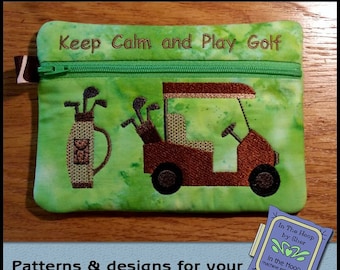 ITH Golf Cart with Clubs Zipper Bag, Golf Zipper Bag, In The Hoop Zipper Bag, Golf Embroidery, Golf Cart Zipper Bag, 5x7 Hoop - DIGITAL FILE