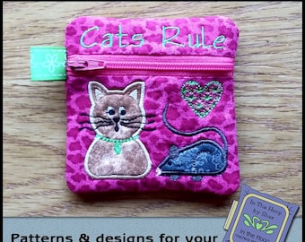 ITH Cat and Mouse Mini Zipper Bag, In The Hoop Zipper Bag, Cat Zipper Bag, Cat Embroidery, Cat Machine Embroidery, 4x4 Hoop, DIGITAL FILE