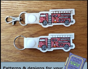 ITH Fire Truck Key Fob, Fire Engine Bag Tag, Fire Truck Snap Tab, Fire Truck Machine Embroidery Design, Fire Truck Embroidery - DIGITAL FILE
