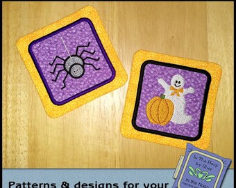 ITH Spider & Ghost Coasters, In The Hoop Coasters, Halloween Coasters , Halloween Embroidery Design, 5x7 and 4x4 Hoops, DIGITAL FILE