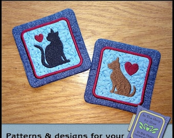 ITH Cat & Dog Coasters, In The Hoop Coasters, Cat Coasters, Dog Coasters, Dog Embroidery, Cat Embroidery 5 x 7 and 4 x 4 Hoops DIGITAL FILE