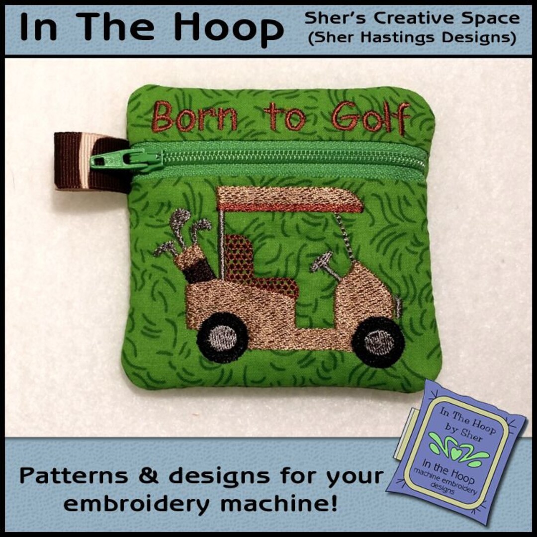 ITH Golf Cart With Clubs Mini Zipper Bag, in the Hoop Zipper Bag, Golf
