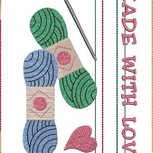 May include: A white card with a green and blue yarn ball, a crochet hook, and a pink heart. The text "MADE WITH LOVE" is on the right side of the card.