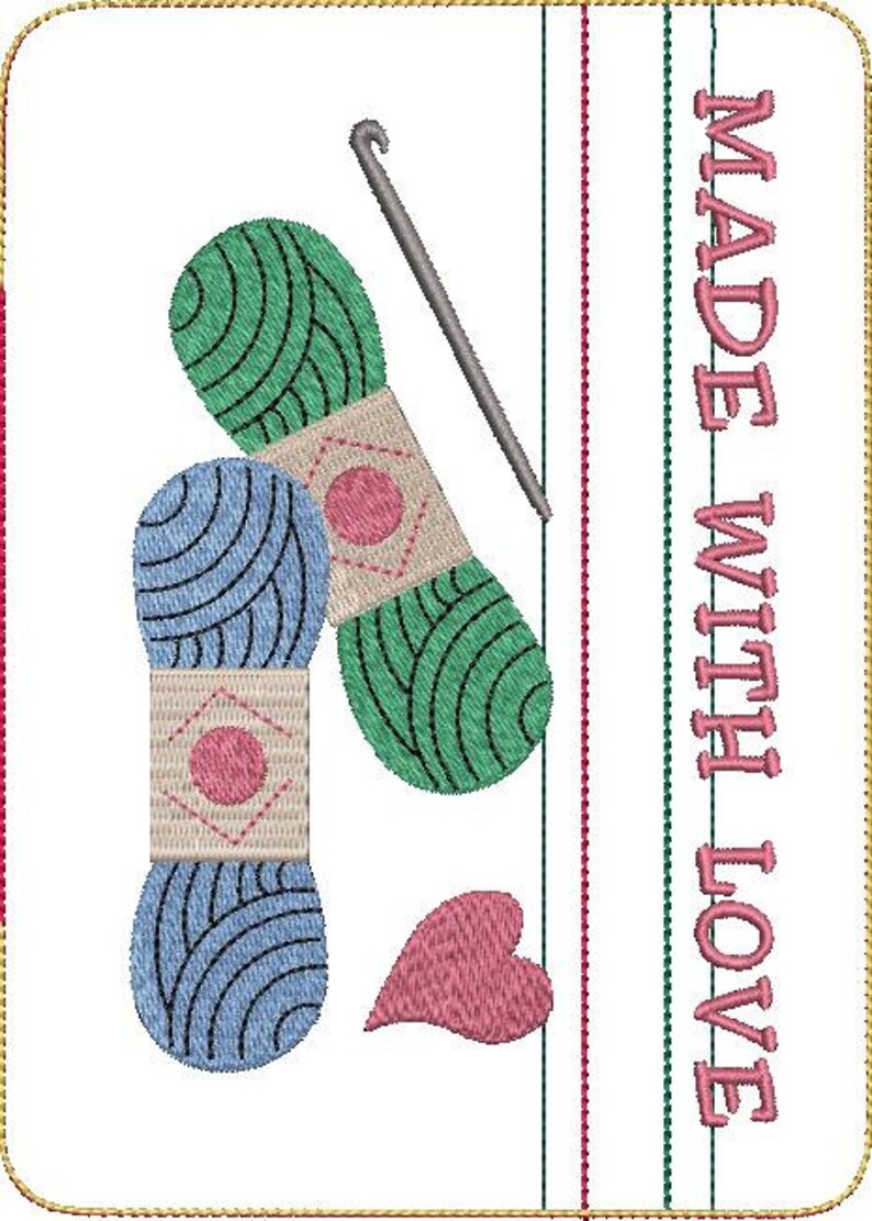 May include: A white card with a green and blue yarn ball, a crochet hook, and a pink heart. The text "MADE WITH LOVE" is on the right side of the card.
