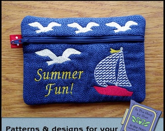 ITH Sailboat Zipper Bag - Summer Zipper Bag - In The Hoop Zipper Bag - Boat Zipper Bag - Boat, Embroidery Design - 5 x 7 Hoop - DIGITAL FILE