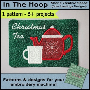 ITH Christmas Tea Mug Rug, Christmas Embroidery, In The Hoop Christmas Mug Rug, Christmas Doorknob Hanger, Tea Embroidery, DIGITAL FILE