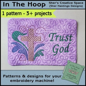 ITH Trust God Mug Rug, Religious Embroidery, In The Hoop Cross Mug Rug, Cross Mug Mat, Christian Embroidery, Cross Embroidery DIGITAL FILE