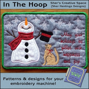 ITH Snowman & Cat Postcard, Cartolina ricamo natalizio, In The Hoop Post Card, Ricamo natalizio, Ricamo tappeto tazza FILE DIGITALE
