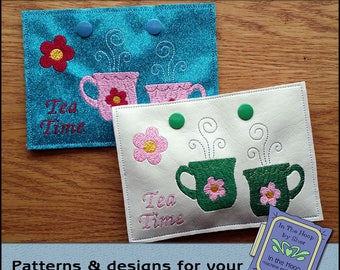 ITH Teacups Large Tea Bag Holder, Large Tea Bag Wallet, Wallet Embroidery, 5 X 7 Hoop, Wallet Machine Embroidery Design - DIGITAL FILE