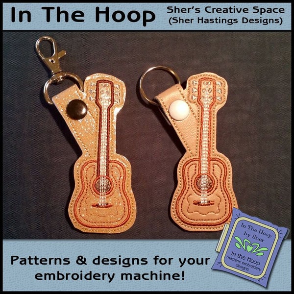 ITH Guitar Key Fob, Guitar Bag Tag, Guitar Embroidery, Music Key Fob, Music Embroidery, Acoustic Guitar Embroidery - DIGITAL FILE