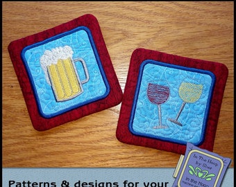 ITH Wine and Beer Coasters - In The Hoop Coasters - Wine Coasters - Beer Coasters - Embroidery Design - 5 x 7 and 4 x 4 Hoops - DIGITAL FILE