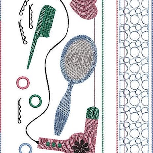 May include: A white background with a variety of hair styling tools, including a hairbrush, a hairdryer, a hand mirror, and hair clips. The tools are arranged in a vertical line on the left side of the image. The right side of the image features a blue and white patterned border.