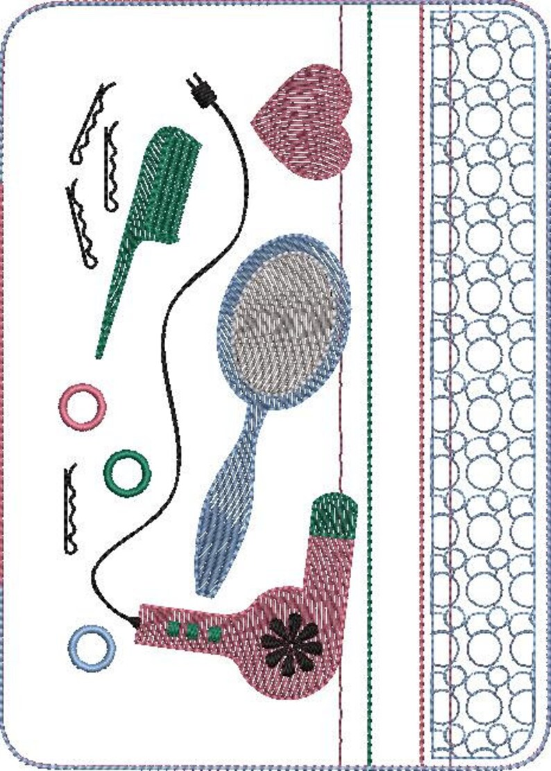 May include: A white background with a variety of hair styling tools, including a hairbrush, a hairdryer, a hand mirror, and hair clips. The tools are arranged in a vertical line on the left side of the image. The right side of the image features a blue and white patterned border.