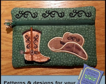 ITH Wild West Zipper Bag, Cowboy boot Zipper Bag, In The Hoop Zipper Bag, Cowboy Embroidery Design - 5 x 7 Hoop - DIGITAL FILE