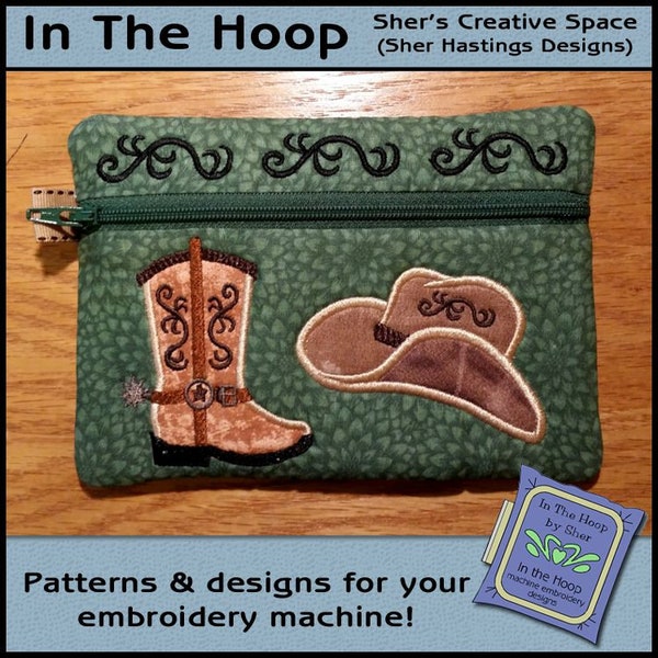 ITH Wild West Zipper Bag, Cowboy boot Zipper Bag, In The Hoop Zipper Bag, Cowboy Embroidery Design - 5 x 7 Hoop - DIGITAL FILE