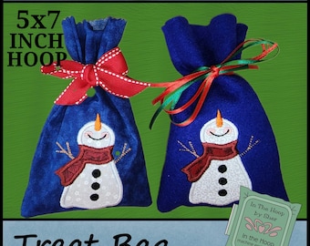 Applique bonhomme de neige heureux ITH - pochette cadeau de Noël - sac de friandises de Noël - motif de broderie Machine de Noël - fichier numérique